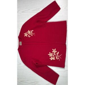 Vintage Nelly Don Wool Sweater Women XS Red Open Front Floral Retro Elegant 60s